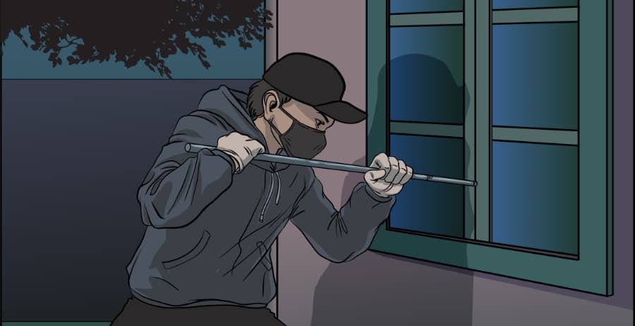 Illustration of burglar forcing entry through a window in Lakeland