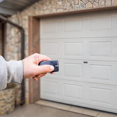 Lakeland security key fob pointing to a garage door